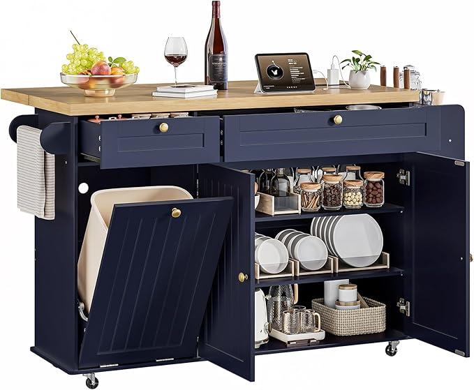 ONBRILL 60" Kitchen Island with Power Outlet & Drop Leaf, Mobile Storage Island with Spice Rack & Towel Rack, 4 Levels, Blue