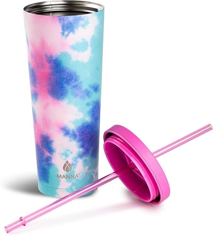 Manna Chilly Double-wall Vacuum Insulated Stainless Steel Tumbler with Splash-proof Lid and Reusable Tritan Straw - 24 Oz - Bright Tie Dye