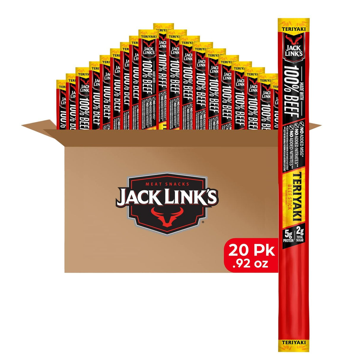 Jack Link's Original Zero Sugar Beef Sticks - (20 Pack) 0.92 oz Meat Sticks - Ready to Eat Protein Snacks - 5g Protein per Serving - Made with 100% Real Beef