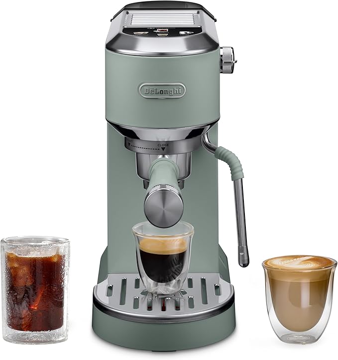 De'Longhi Dedica Duo Compact Espresso Machine - Cold Brew Coffee Maker with Milk Frother Wand- for Espresso, Hot & Iced Coffee, Cappuccinos, Lattes & Home Barista Brewing, Pistachio Green