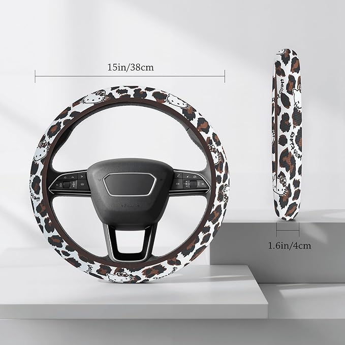 Cute Steering Wheel Cover for Women, Machine Washable Universal 14.5-15.5 inch Non-Slip Grip All Weather Use (Brown Leopard Cats)