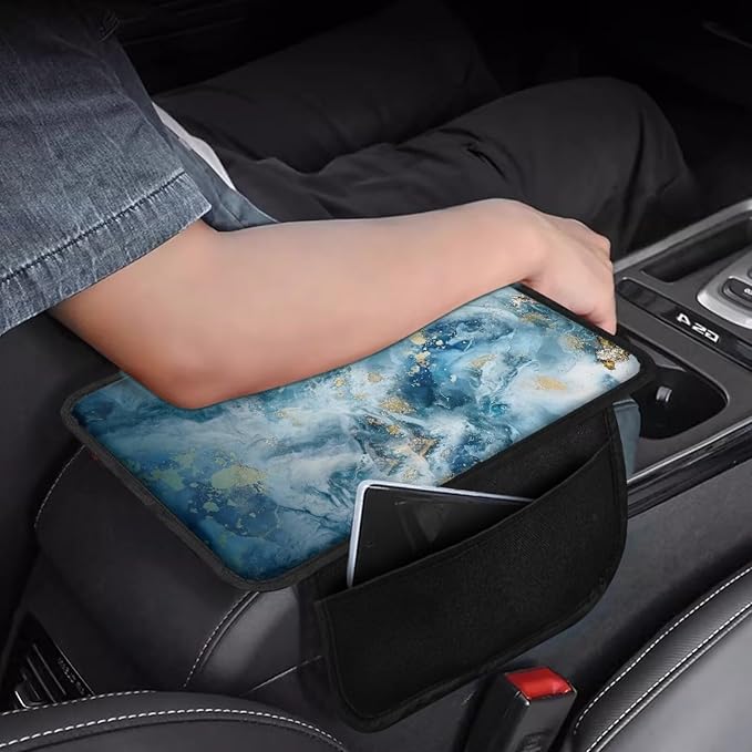 Dreaweet Blue Marble Print Center Console Armrest Cover with Side Pockets Universal Armrest Cover for Car Truck SUV Van,Soft Non-Slip Car Arm Rest Cover Pad