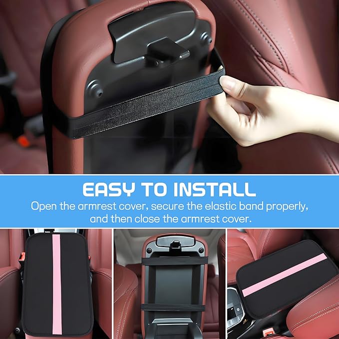 wuyaoyao Car Center Console Cover, 12.6"×7.87" PU Leather Armrest Cover for Cars, Stylish Auto Armrest Cushion Pad, Waterproof Vehicle Arm Rest Protector, Interior Car Accessories (Black+Pink)