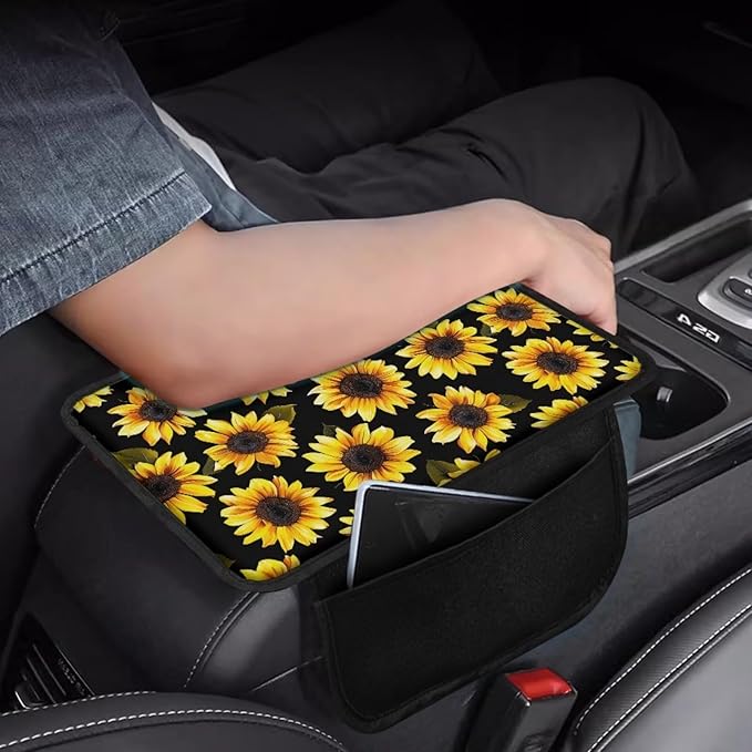 BIGCARJOB Sunflower Car Center Console Cover with Side Storage Auto Interior Accessories Cute Sunflower Print Car Armrest Seat Box Cover Cushion Universal Car Armrest Organizer
