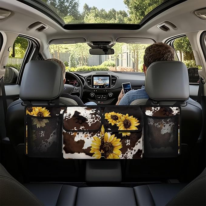 Cow Sunflower Hanging Trunk Organizer for SUV, Car Organizer, Waterproof Back Seat Organizer for SUV, Car Organizers and Storage with Adjustable Straps, Car Storage Organizer