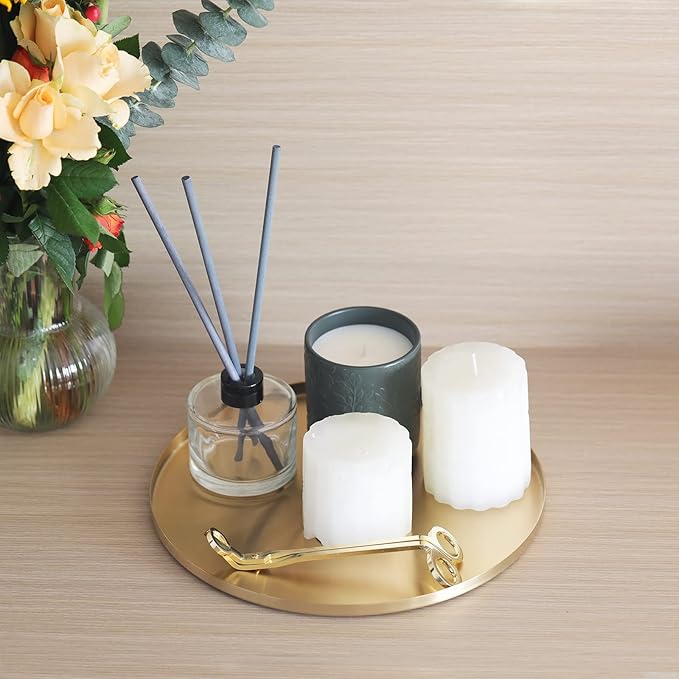 FREELOVE Gold Tray, Round Brass Serving Platter, Bar Circle Decorative Plate, Coffee Table Metal Decor Dishes, Brushed Hammered Coasters, Counter Bathroom Kitchen Dessert Cart Display Food, 11 inch