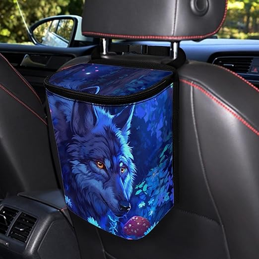 Fantasy Blue Wolf Car Trash Can, Hanging Zipper Design Garbage Bin for Backseat
