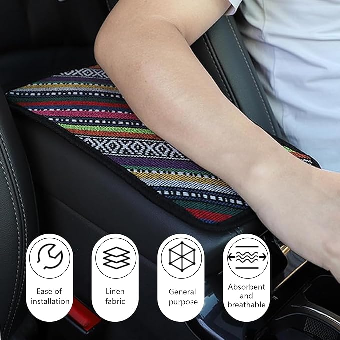 Car Center Console Cover, 12.6x7.5 Inch Car Armrest Pad, Boho Style Linen Armrest Seat Box Cover, Auto Armrest Cover Protector for Most Vehicle, SUV, Truck
