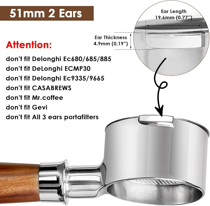 51mm Bottomless Portafilter 2 Ears for Delonghi Stilosa ECP3420/EC155/BCO430/EC260,Stainless Steel Filter Basket and Walnut Handle