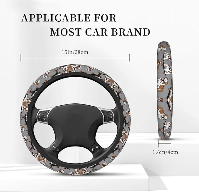 English Bulldog Skateboard Neoprene Steering Wheel Covers Women Men Car Accessories, Universal 15 Inch Fit Auto, Suvs, Truck