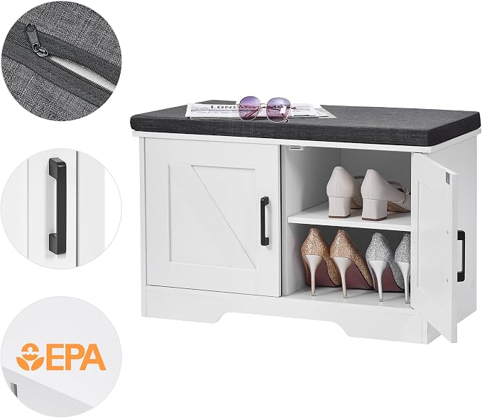 HOMSHO 2-Tier Storage Bench, 27.6" Wide Shoe Bench with Padded Seat Cushion, Entryway Bench with 2 Barn Doors and Adjustable Shelf, White