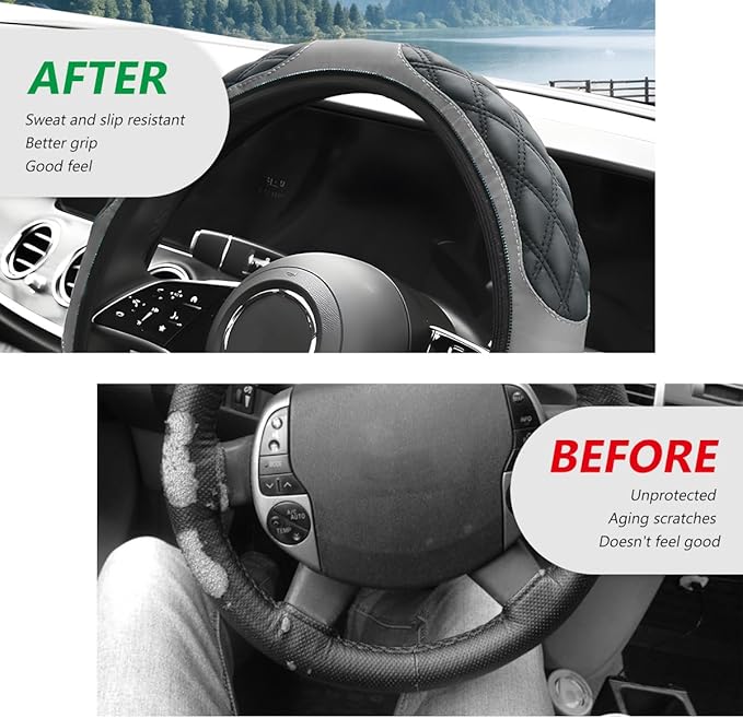 Car Steering Wheel Cover, 15 Inches Leather Steering Wheel Protector with Non-Slip Grip, Universal Wheel Covers Interior Decoration for Sedens Trucks SUVs, Car Accessories (Gray)