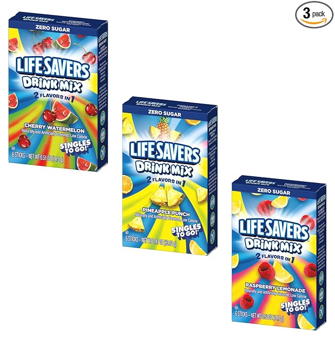 Lifesavers Singles to Go Variety Pack of 3 - One of Each Flavor - Cherry Watermelon, Pineapple Punch, and Raspberry Lemonade - Powdered Drink Mix