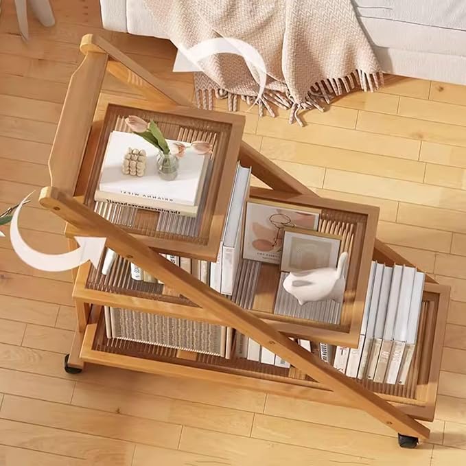 Folding Side Table Glass Coffee Station Table on Wheels,Movable Coffee Bar Stand Cart with Storage,Foldable Coffee Table,for Home Kitchen, Entryway, Living Room,Dining Room(Brown,45x32x57cm)