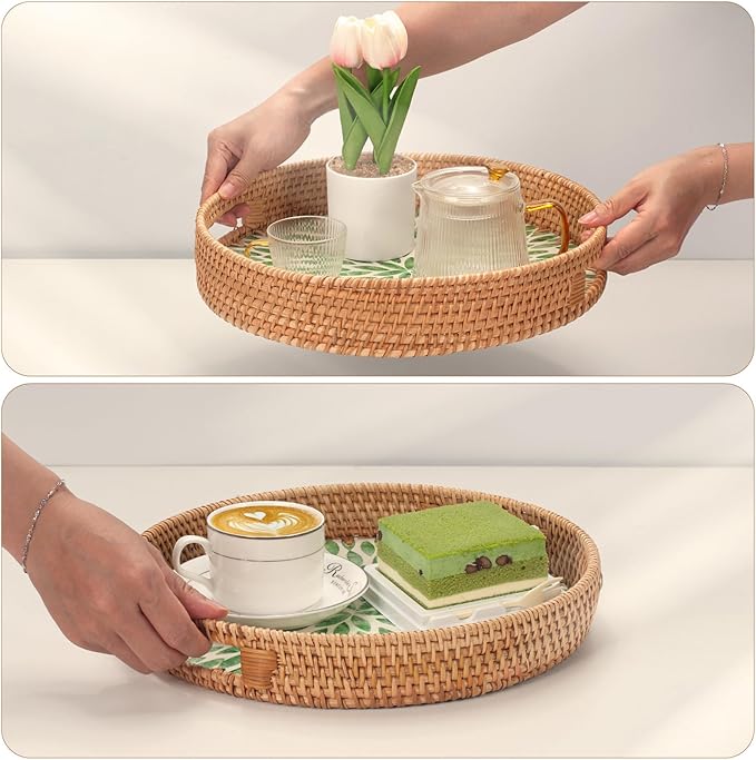YANGQIHOME Round Rattan Tray with Handle, Mother of Pearl Inlay Decorative Wicker Basket for Coffee, Bread, Fruits, Serving Tray for Home Decor, 11.8 inch