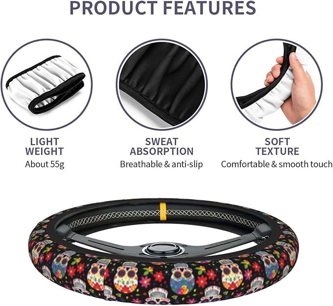 Skull Cute Steering Wheel Cover Non-Slip Breathable Sweat-Absorbent Suitable for SUV Van Truck Car Universal Protection Accessories 15 Inch Suitable for Women Men