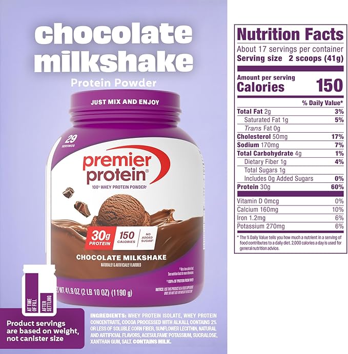 Premier Protein Powder, Chocolate Milkshake, 30g Protein, No Added Sugar, 100% Whey Protein, Keto Friendly, Soy & Gluten Free, 24.5 oz (17 Servings)
