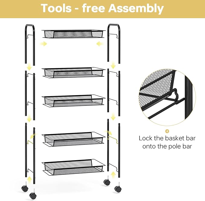 TOOLF 5-Tier Metal Utility Cart with 3 Hooks, Easy Assemble Mobile Storage Trolley On Wheels, Metal Shelving Units Kitchen Bathroom Laundry Room