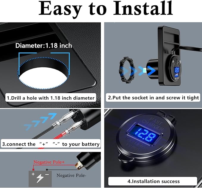 BATIGE 2 Pack 3 Ports Car Charger Socket Dual 45W PD Type C & 18W QC 3.0 with Voltmeter and Button Switch, USB Charger Socket for 12V/24V Car Boat Marine ATV Bus Truck RV Motorcycle
