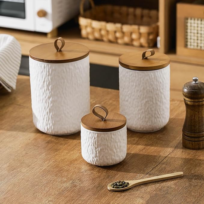 Black White Ceramic Coffee Canister Tea Canister with Seal Wood Lid, Airtight Coffee Storage Container for Coffee Bean, Ground Coffee, Sugar, Cookie Candy jar (White, 260ml)