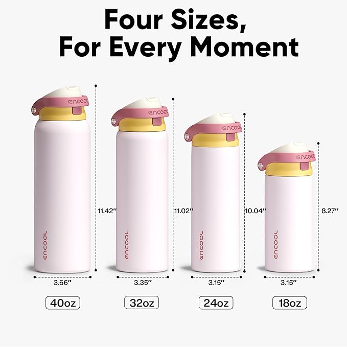 ENCOOL Leakproof Insulated Water Bottle with Straw Dual-Sip Water Bottle Bag-Safe Design for Work, Commute & Gym – Keeps Drinks Cold All Day, 40 oz, Blush Pink