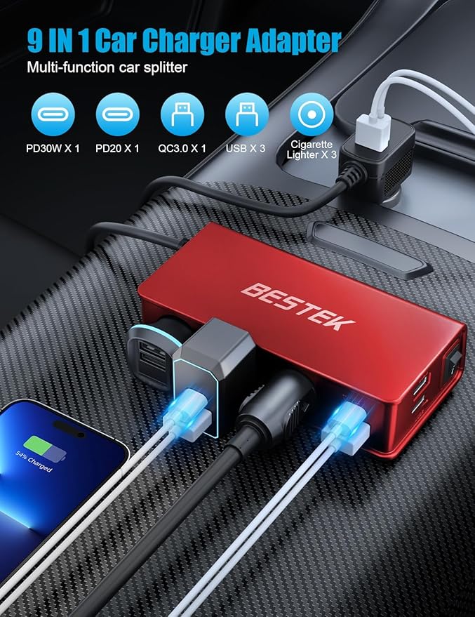 BESTEK Cigarette Lighter Splitter Adapter: 9 in 1 Car Charger 148W 3-Socket PD 30W and QC3.0 18W Charging Ports LED Display Super Fast Charger for 12V/24V red