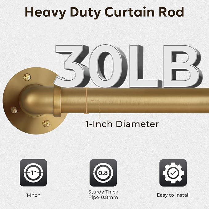 Zeerobee Curtain Rods for Windows 48 to 84, 1 Inch Industrial Wrap Around Warm Gold Curtain Rod, Indoor/Outdoor Room Divider Adjustable Drapery Pole, 48"-86"