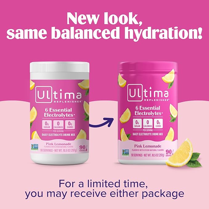 Ultima Replenisher Daily Electrolyte Powder Drink Mix – Sugar Free – Pink Lemonade, 90 Serving – Hydration Powder with 6 Key Electrolytes and Trace Minerals – Keto Friendly, Vegan, Non-GMO