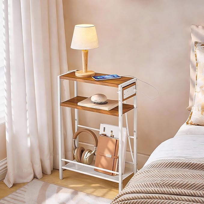 HOOBRO Small Narrow Side Table with Charging Station, Skinny End Table for Small Spaces, Slim Nightstand with USB Ports Outlet, Sofa Beside Table with Storage Shelf, White and Walnut WH102UBZ01