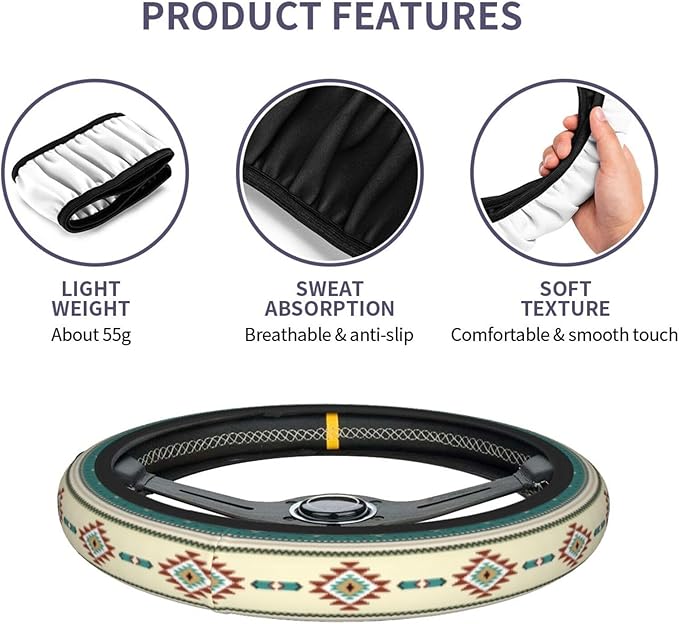 Rustic Western Aztec Steering Wheel Cover for Women Men with 2 Pcs Car Coasters, 15 Inches Neoprene Anti-Slip Cute Universal Car Accessories Protective Cover for Vehicle