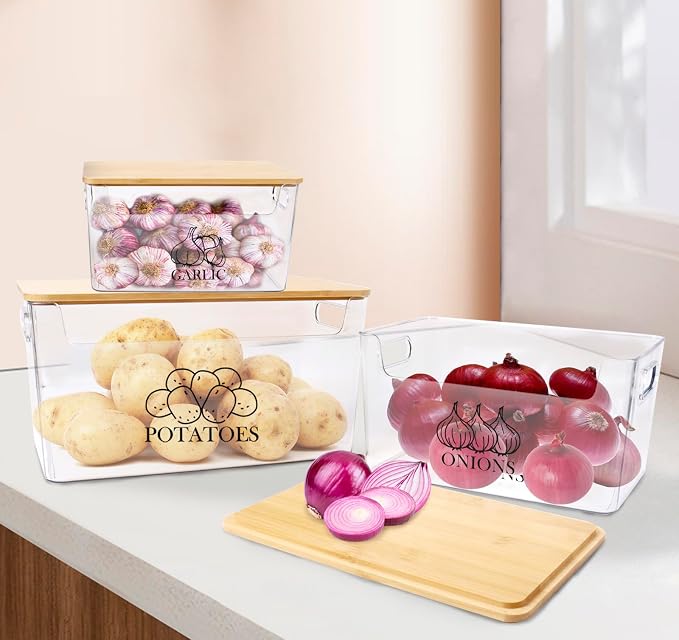 Potato and Onion Storage Bins, Transparent Acrylic Bin with Bamboo Lid, Stackable Vegetable Storage Bins for Potato, Onion, Garlic, Set of 3