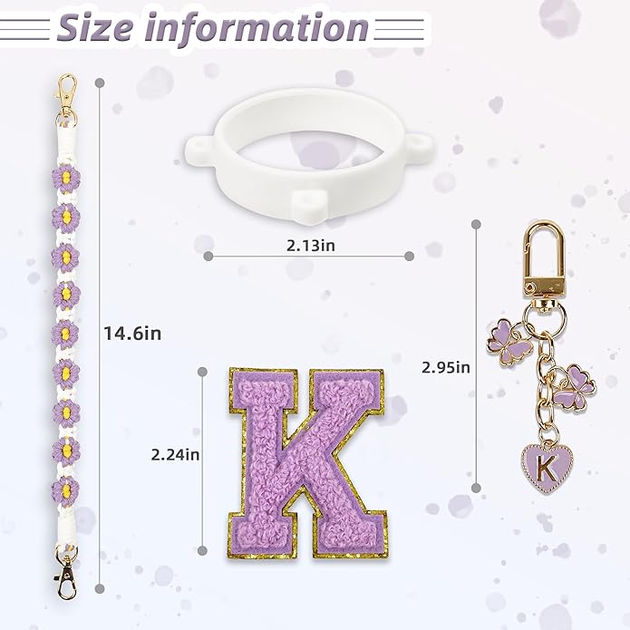 Compatible with Owala Water Bottle Accessories, Cute Letter Charm Set with Boho Handle Strap, Monogram Sticker, Silicone Ring, Keychain Decoration, for FreeSip 24 32 40oz, Owala Kids, Tumbler Gift