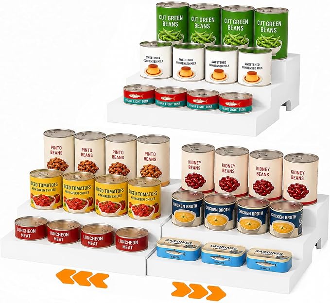 Expandable Wooden Can Organizer for Pantry, Adjustable 3-Tiered Shelf Holds 24 Cans, Rack for Cabinet & Countertop, Space Saving Holder for Small Kitchens & Apartments, White