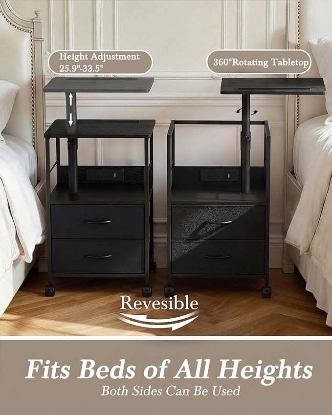 Faesun Swivel Lift Top Nightstand with Charging Station, Rolling Side Table for Recliner, Bedside Table with Wheels & 2 Fabric Drawers, for Small Spaces, for Bedroom, Living Room, Black