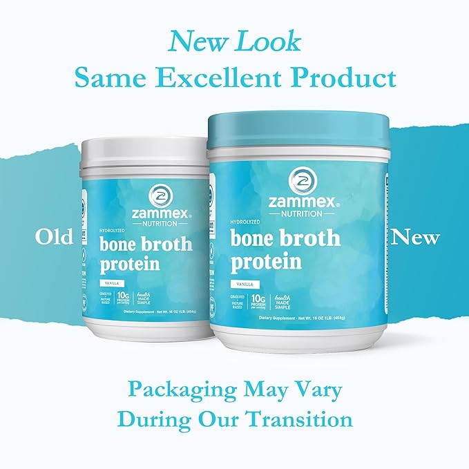 Zammex Bone Broth Protein Powder, Pure Grass Fed Beef, Vanilla Protein Powder,Hydrolyzed Collagen Supplement for Healthy Skin,Nails,Hair,Joints, Non-GMO,Gluten Free, Great in Shakes