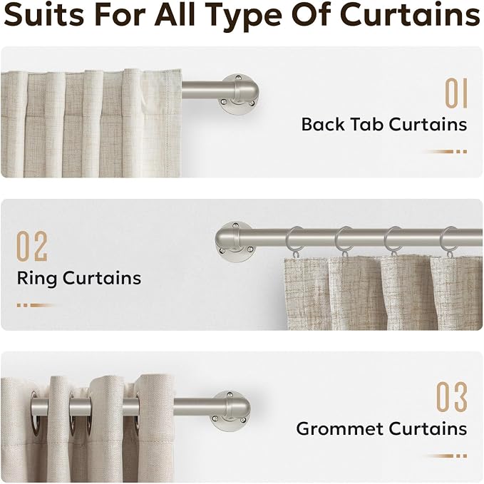 Zeerobee Curtain Rods for Windows 48 to 84, 1 Inch Industrial Wrap Around Brushed Nickel Curtain Rod, Indoor/Outdoor Room Divider Adjustable Drapery Pole, 48"-86"