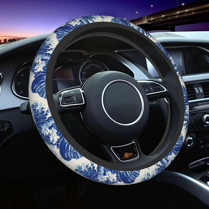 Wave Steering Wheel Cover Elastic Non-Slip Car Steering Wheel Covers with Seat Belt Shoulder Pad for Women Men