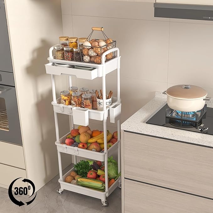 4 Tier Rolling Utility Cart with Drawer, Plastic Storage Organizer Rolling Carts with Wheels Handles Hanging Cups Hooks for Office, Bathroom, Kitchen,Craft Art Room (White)