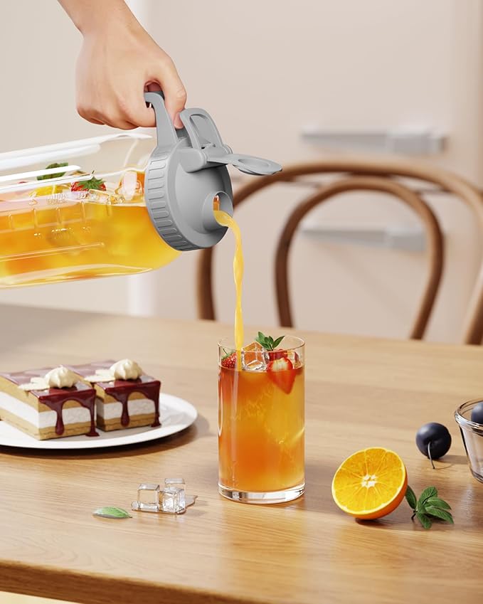 OneDream Glass Pitcher with Lid – 64oz Glass Mason Jar Pitcher with Wide Mouth, Airtight Seal, Leak-Proof, Spout Design – Ideal for Iced Tea, Sun Tea, Cold Beverages, and Home Entertaining