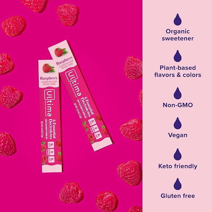 Ultima Replenisher Daily Electrolyte Powder – Raspberry, 20 Stickpacks – Zero Sugar Hydration Packets with 6 Electrolytes and Minerals – Sugar Free, Plant Based & Keto Friendly Drink Mix