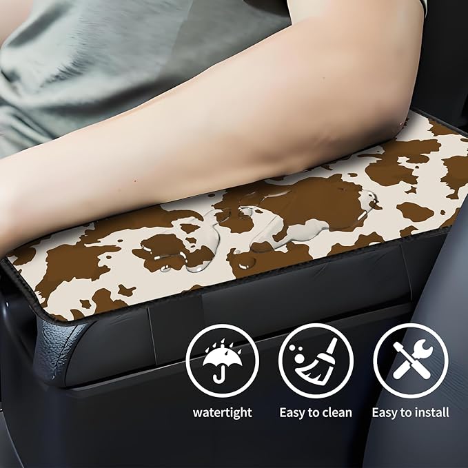 Car Center Console Cover, Universal Soft Large Neoprene Auto Armrest Seat Box Cover, Funny Car Decor Accessories Fit for Most Cars, Vehicles, SUVs Cute Brown Cow Print