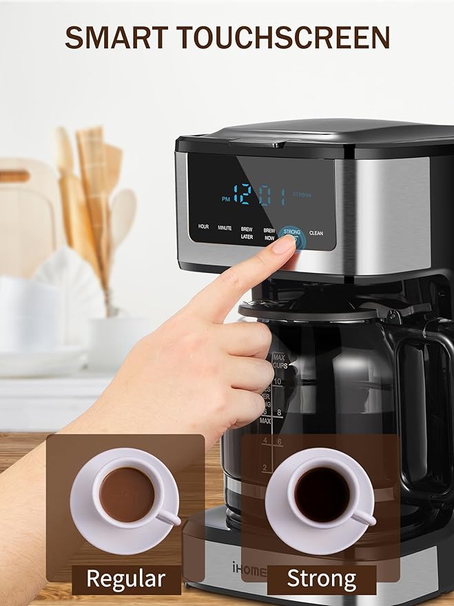 Coffee Maker, Programmable Drip Coffee Maker 12 Cup, Regular & Strong Brew Drip Coffee Machine with Iced Coffee Function for Home and Office, Black & Stainless Steel