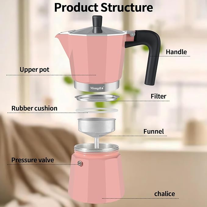 Mongdio Stovetop Espresso Maker Moka Pot, Stove Top Cuban Coffee Maker, Italian Greca Mocha Pot, 9 Espresso Cups, 15 oz - Pink