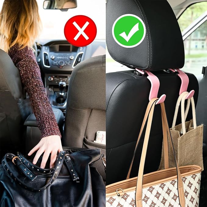 Car Seat Headrest Hook, 4 Pack Auto Seat Hanger Storage Organizer for Purse Handbag Coats Grocery Bags, Car Interior Accessories, Universal Vehicle Backseat Plastic Hanging Hook (Pink2)