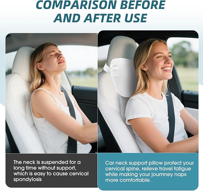 Upgraded Car Seat Neck Pillow - Adjustable Height Headrest Cushion - for Tesla Models 3/Y/S/X High Elastic Pearl Cotton Interior and Ventilated Nappa Leather - Neck Pain Relief (1 Pack White)