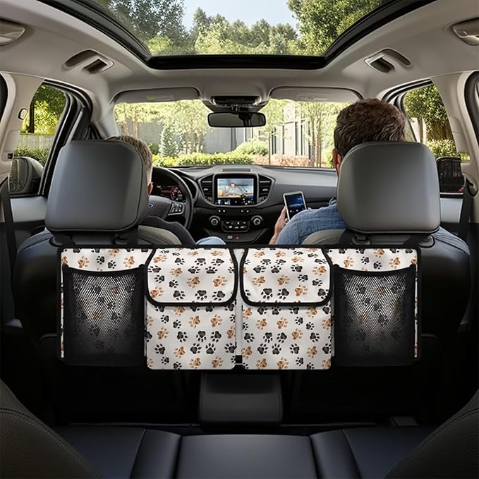 Dog Paw Car Trunk Organizer Backseat Cargo Storage Bag with Elastic Net Collapsible Pouch Backseat Storage Organizer Bag SUV, Truck, MPV Car Accessories