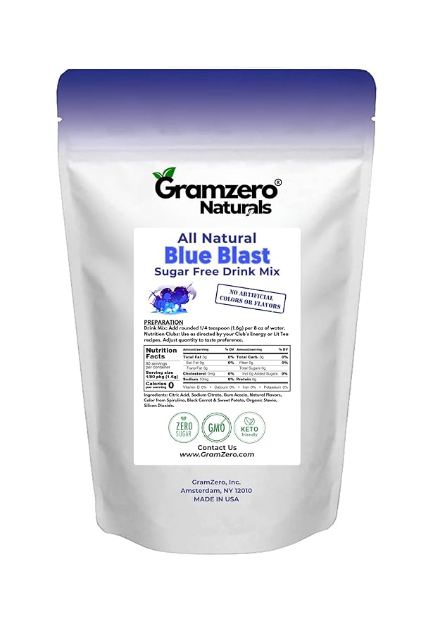 GramZero All Natural Blue Blast Zero Calorie Sugar Free Drink Mix, Great For Nutrition Club Loaded Tea, Stevia Sweetened