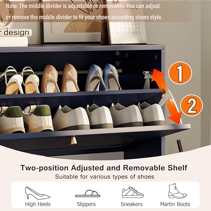 Fsbecl Shoe Storage Cabinet for Entryway with 2 Flip Drawers, Narrow Wood Shoe Cabinet with Fluted Panel, Freestanding Hidden Shoe Organizer for Foyer, Hallway (Blue - with Shelf)
