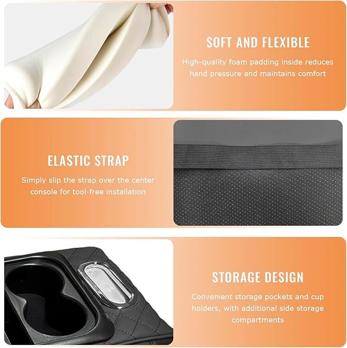 Car Center Console Armrest Pillow, 5-in-1 Armrest Cushion w/ 2 Side Bags, Tissue Box Slot, Cup & Phone Holder, Multifunctional Leather Arm Rest Cover Storage Organizer (Black, Embroidered)