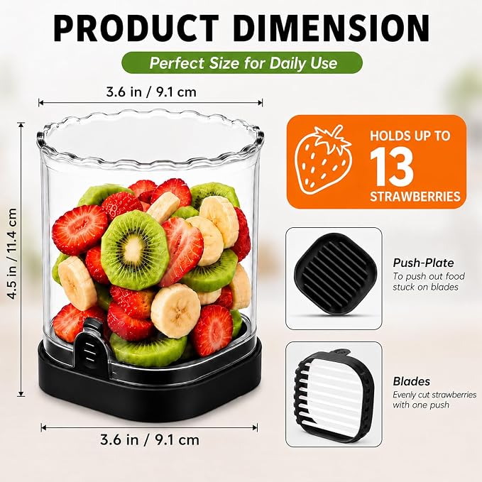 CUNSENR Strawberry Slicer, Fruit Slicer Cup with Stainless Steel Blades, Detachable Strawberry Cutter & Fruit Cutter for Strawberries, Banana, Egg, Cucumber, Mushroom, Quick Meal Prep - Black
